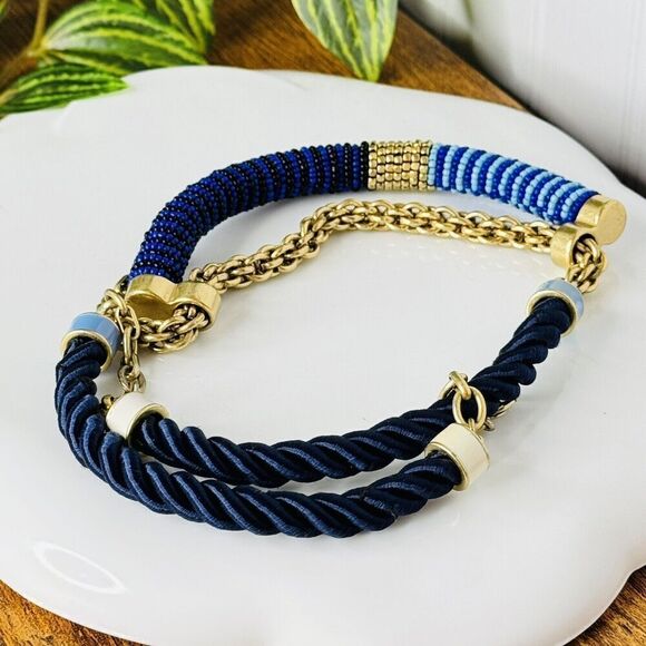 Stella & Dot Marine Collar Necklace Blue Beaded Cord Layered 1478 - Picture 7 of 11
